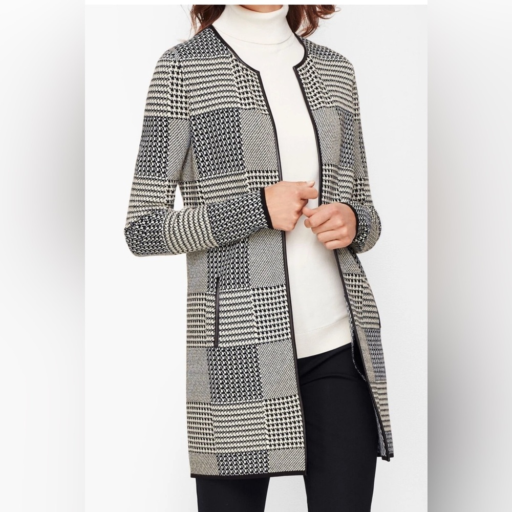 Talbots 1X Cardigan Sweater Jacket Houndstooth Black White Faux Leather Trim